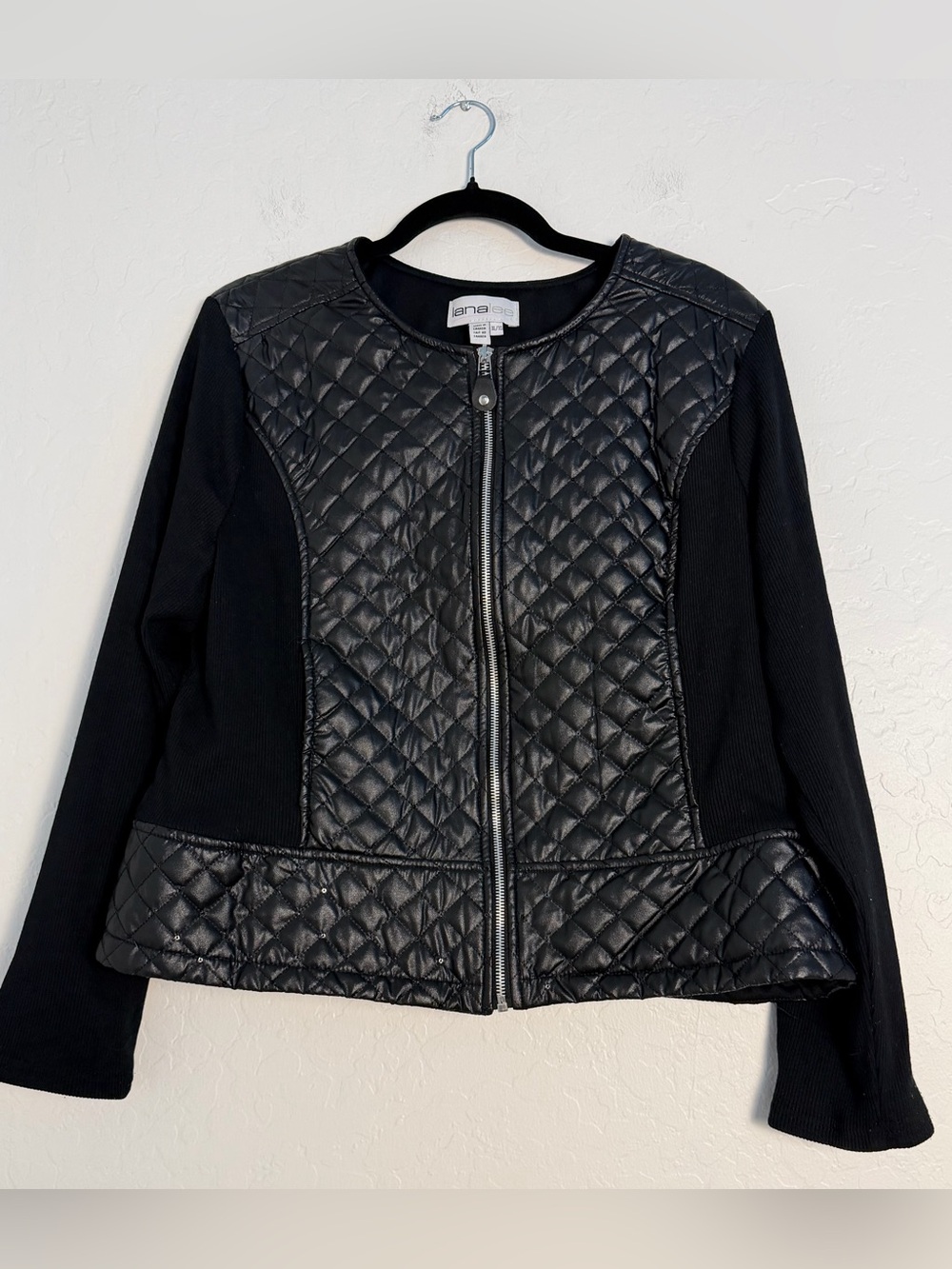 Lana Lee Women's XL Black Diamond Quilted Mixed-Media Collarless Bomber Jacket
